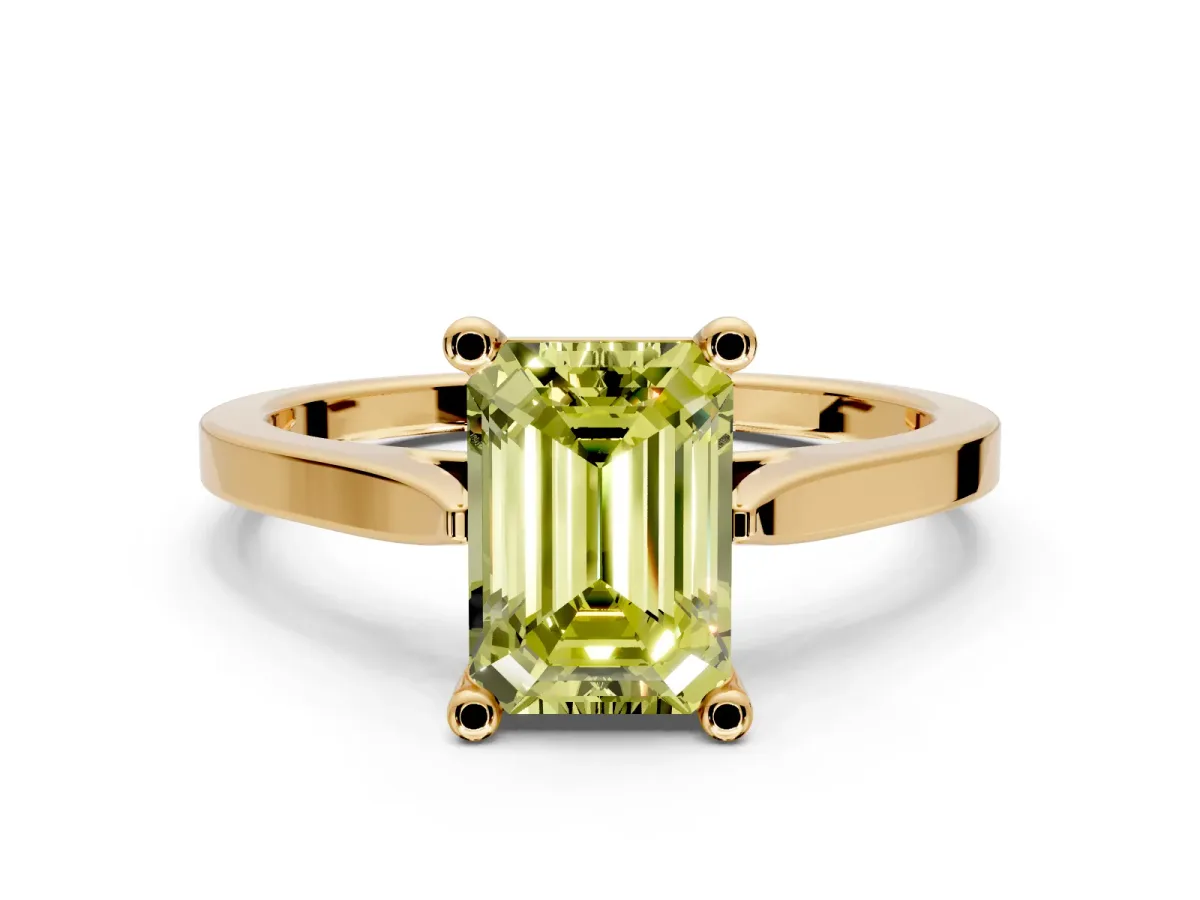 Solitaire Engagement Ring Setting for Fancy Yellow Emerald Cut Center with Tapered Shoulders and Prong Head in Yellow Gold