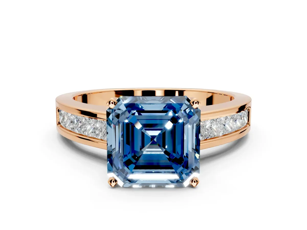 Solitaire Engagement Ring Setting for Fancy Blue Asscher Cut Center with Princess Cut Channel Band and Prong Head in Rose Gold