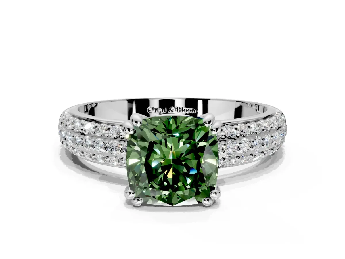 Solitaire Engagement Ring Setting for Fancy Green Cushion Cut Center with Multi-Row Pave Accents and Basket Head in Platinum