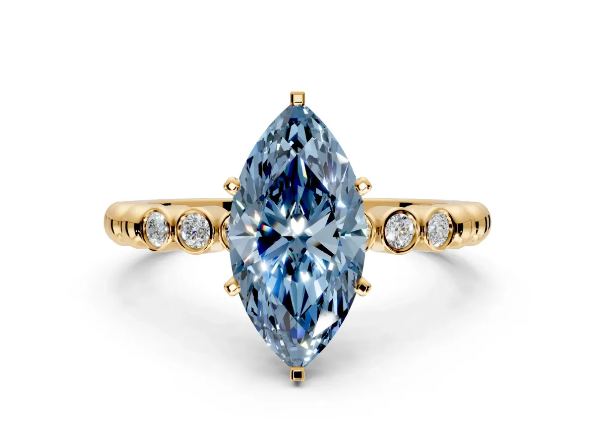 Solitaire Engagement Ring Setting for Fancy Blue Marquise Center with Bezel-Dot Beaded Band and Prong Head in Yellow Gold