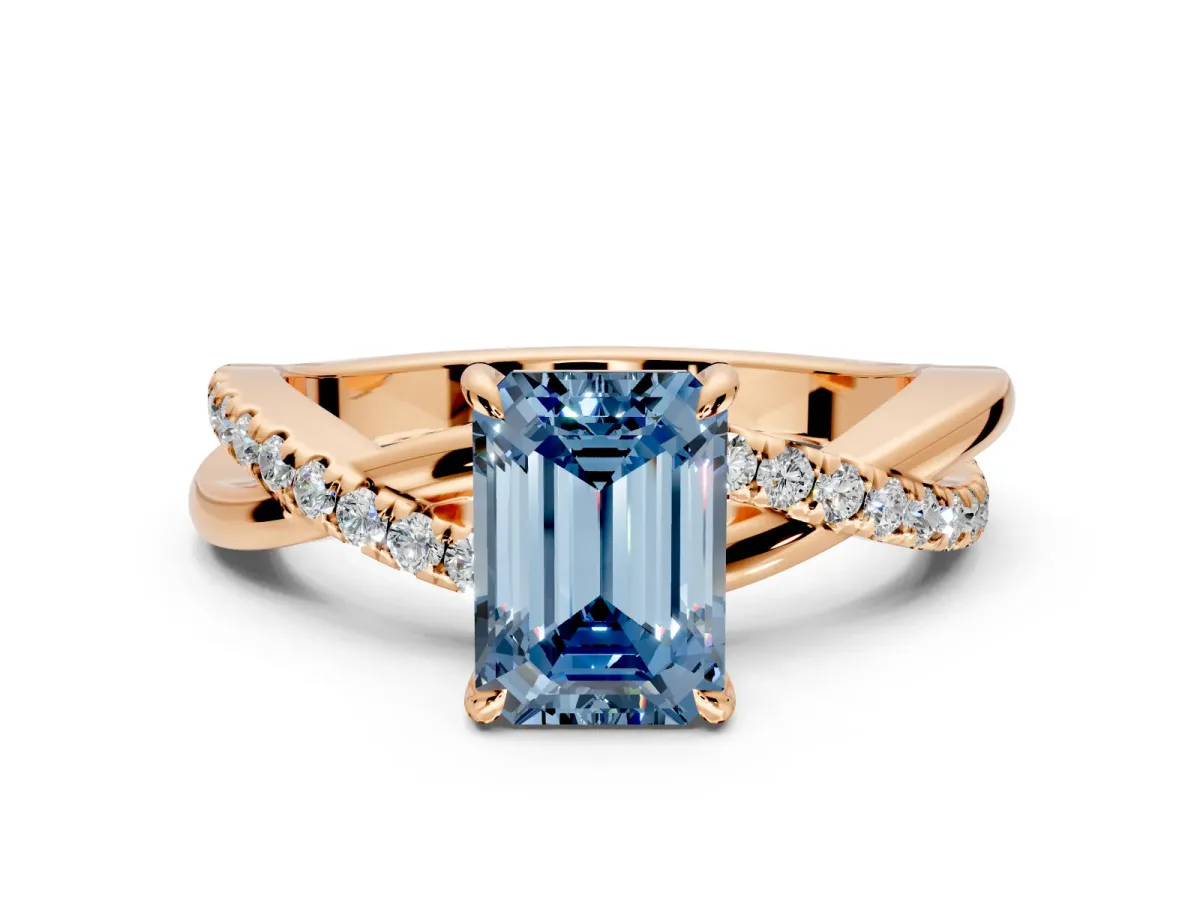 Crossover Engagement Ring Setting for Fancy Blue Emerald Cut Center with Pave and Plain Strands and Prong Head in Rose Gold
