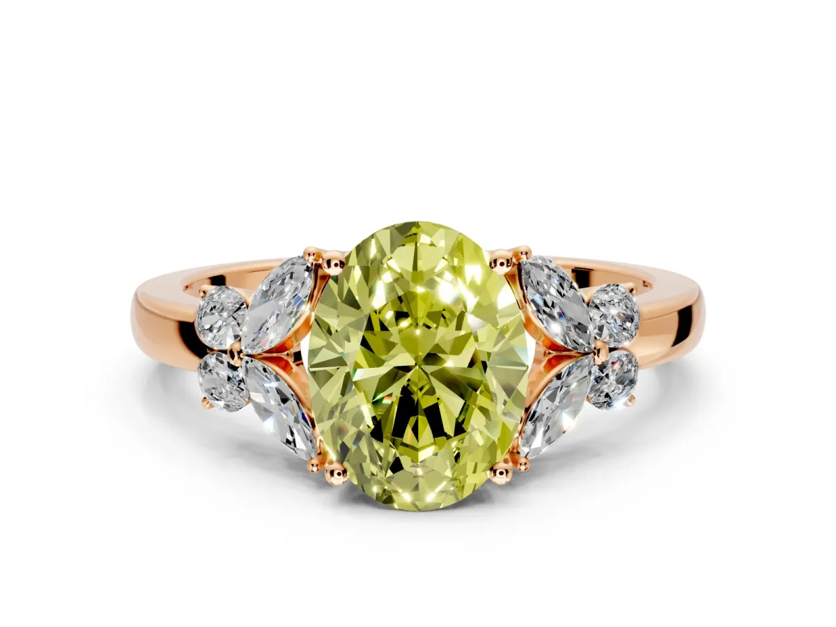 Solitaire Engagement Ring Setting for Fancy Yellow Oval Center with Marquise Flower Shoulders and Prong Head in Rose Gold