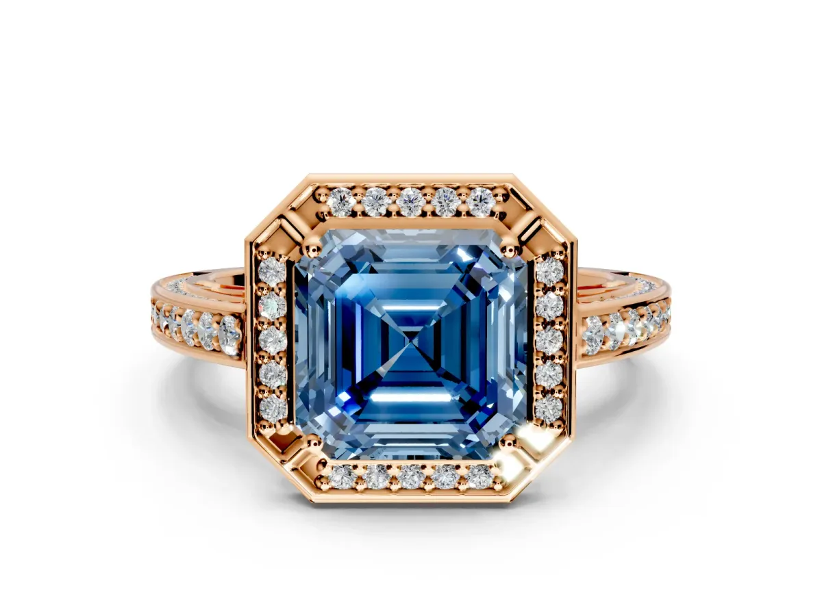 Halo Engagement Ring Setting for Fancy Blue Asscher Cut Center with Framed Halo, Pave Band and Prong Head in Rose Gold