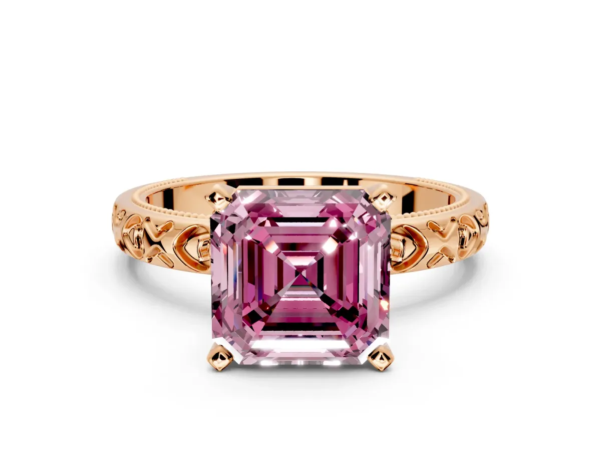 Solitaire Engagement Ring Setting for Fancy Pink Asscher Cut Center with XO Engraved Band and Prong Head in Rose Gold