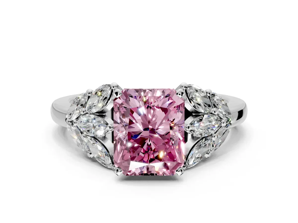 Leaf Cluster Engagement Ring Setting for Fancy Pink Radiant Cut Center with Marquise Accents and Prong Head in Platinum