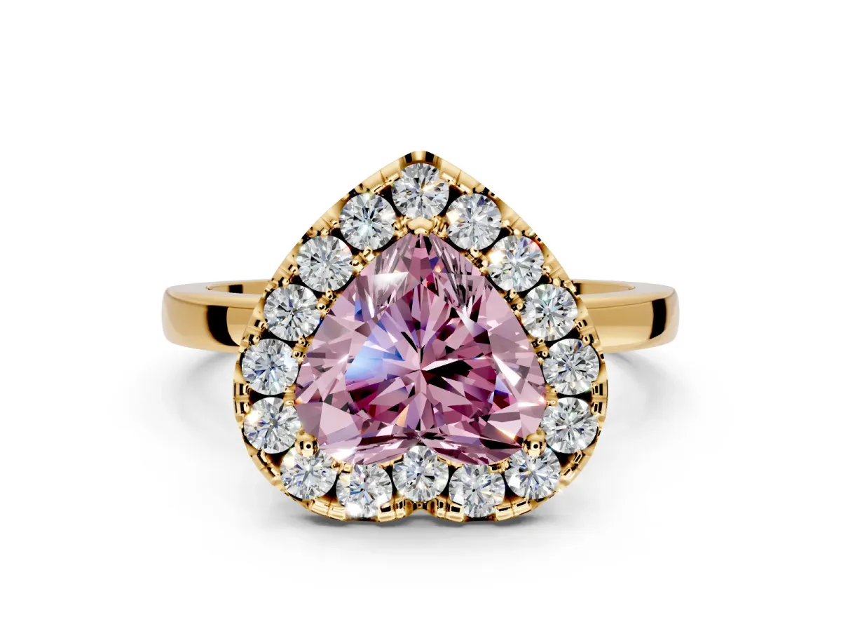 Halo Engagement Ring Setting for Fancy Pink Heart-Shaped Center with Thin Plain Band and Prong Head in Yellow Gold