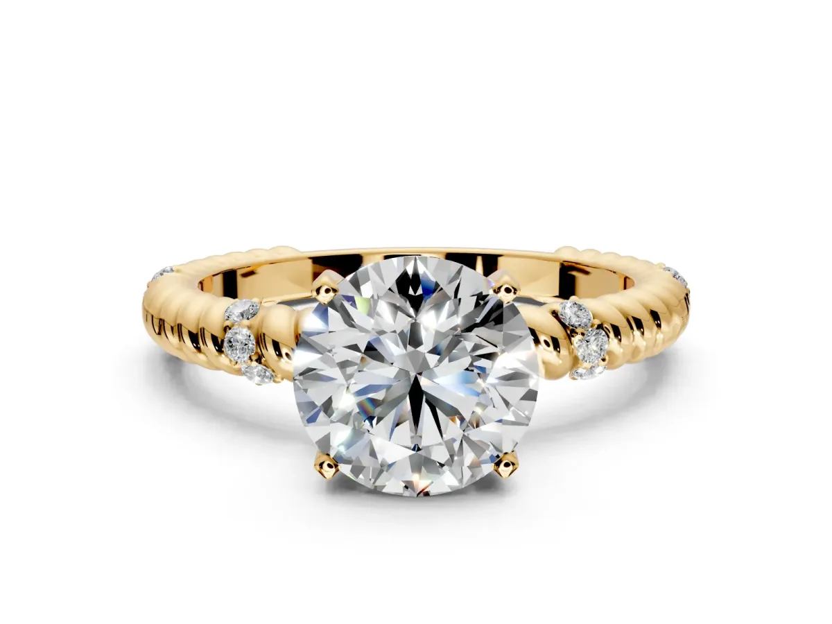 Rope Engagement Ring Setting for Round Cut Center with Accent Shoulders and Prong Head in Yellow Gold