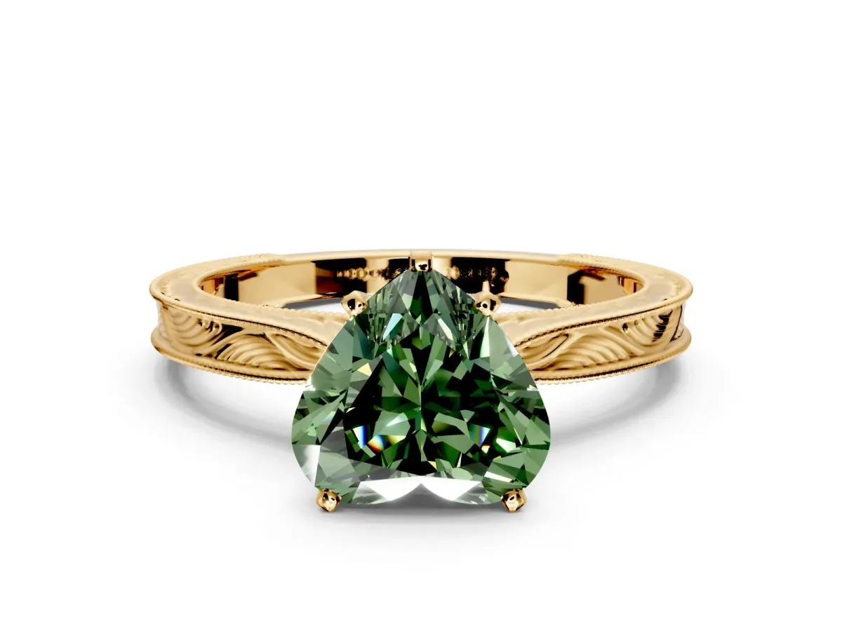 Solitaire Engagement Ring Setting for Fancy Green Heart-Shaped Center with Engraved Milgrain Band and Prong Head in Yellow Gold