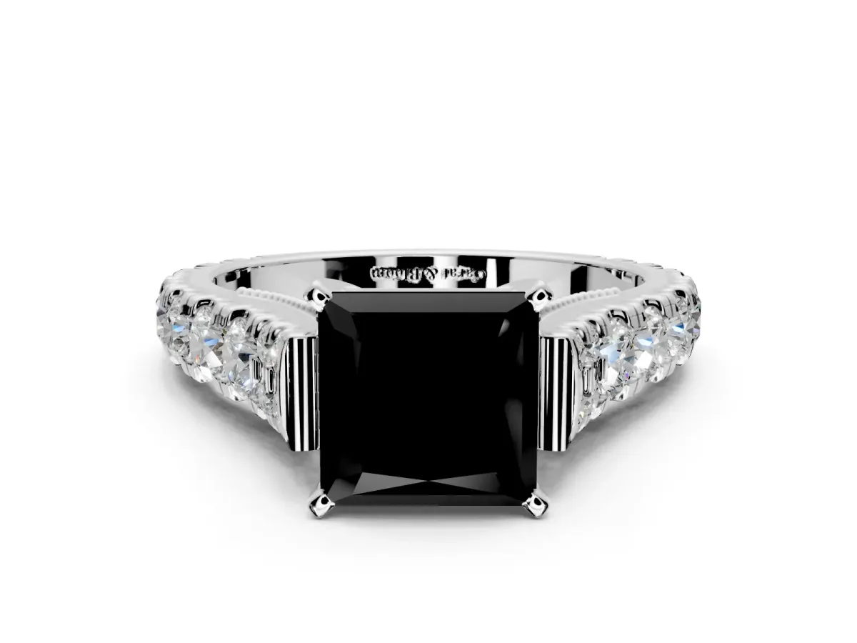 Solitaire Engagement Ring Setting for Fancy Black Princess Cut Center with Pave Cathedral Shoulders and Prong Head in Sterling Silver