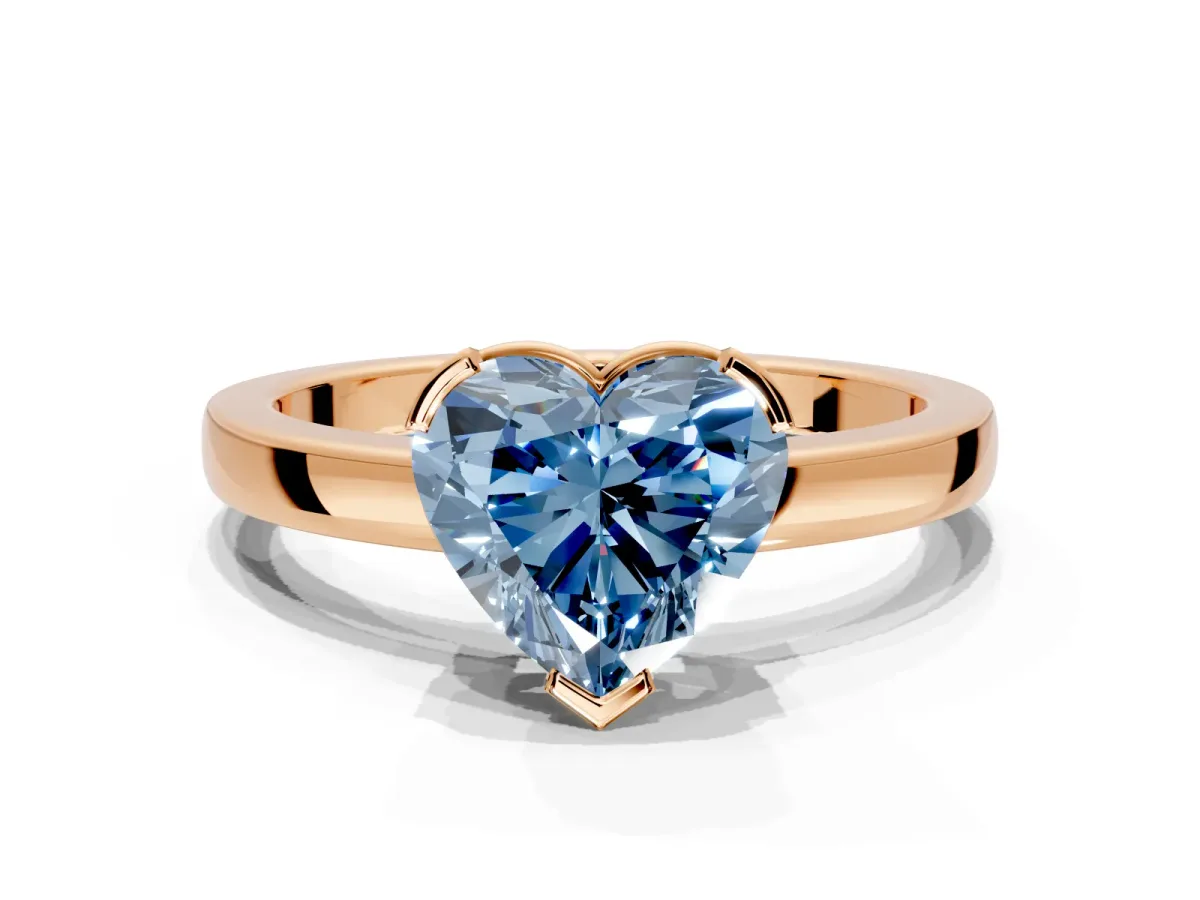 Solitaire Engagement Ring Setting for Fancy Blue Heart-Shaped Center with Plain Band and Flat Tab Prong Head in Rose Gold
