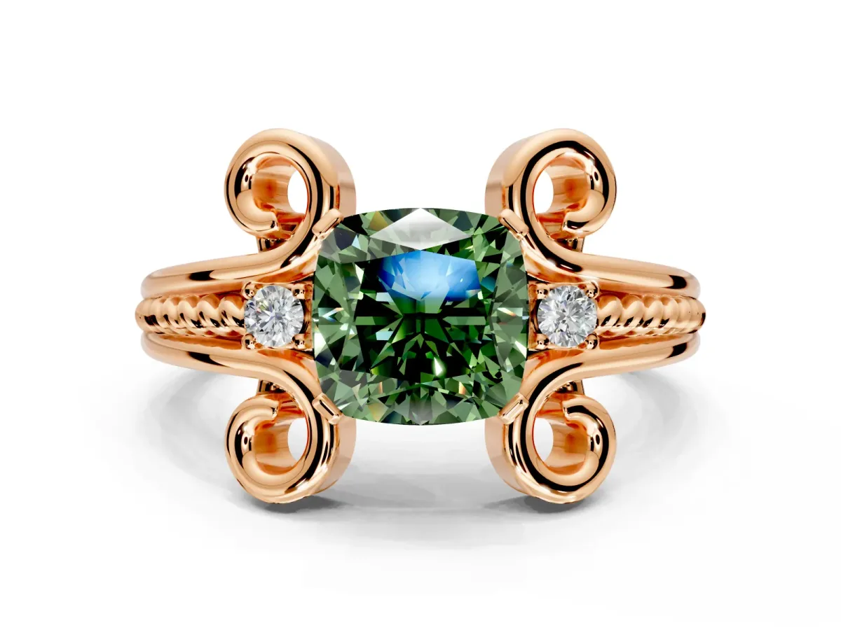 Solitaire Engagement Ring Setting for Fancy Green Cushion Cut Center with Twisted Band and Scroll Prong Head in Rose Gold