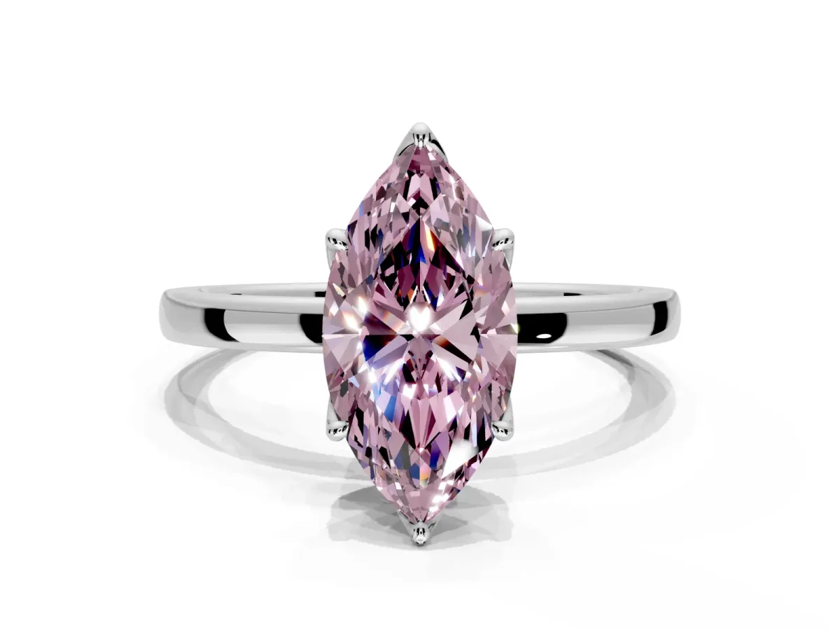 Solitaire Engagement Ring Setting for Fancy Pink Marquise Center with Thin Rounded Plain Band and Prong Head in White Gold