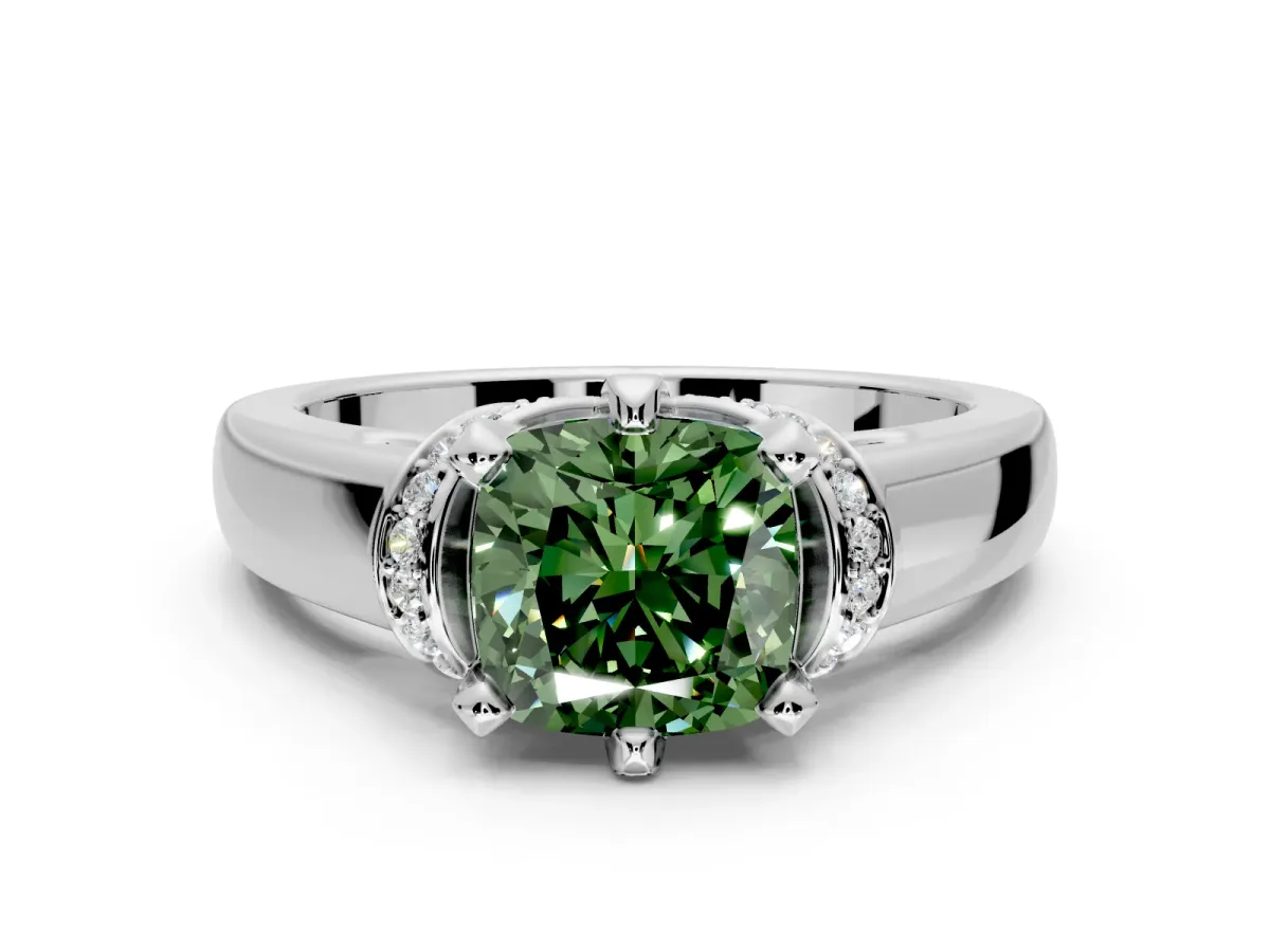 Solitaire Engagement Ring Setting for Fancy Green Cushion Cut Center with Wide Band, Pave Collar and Prong Head in Sterling Silver