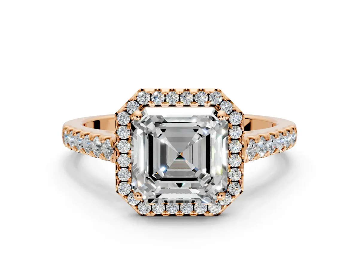 Halo Engagement Ring Setting for Asscher Cut Center with Narrowing Pave Band and Prong Head in Rose Gold