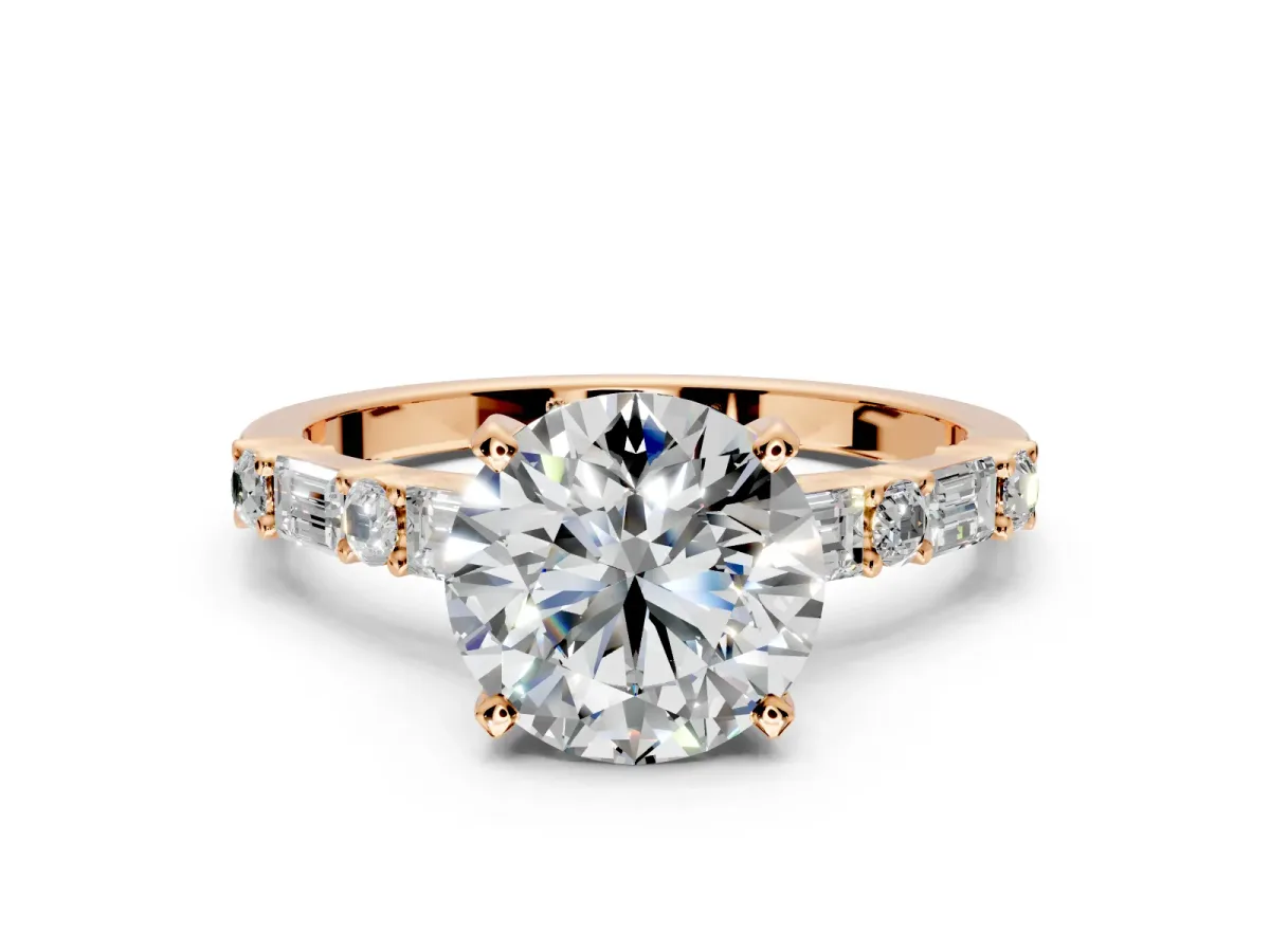 Baguette Engagement Ring Setting for Round Cut Center with Alternating Bar-Set Band and Prong Head in Rose Gold