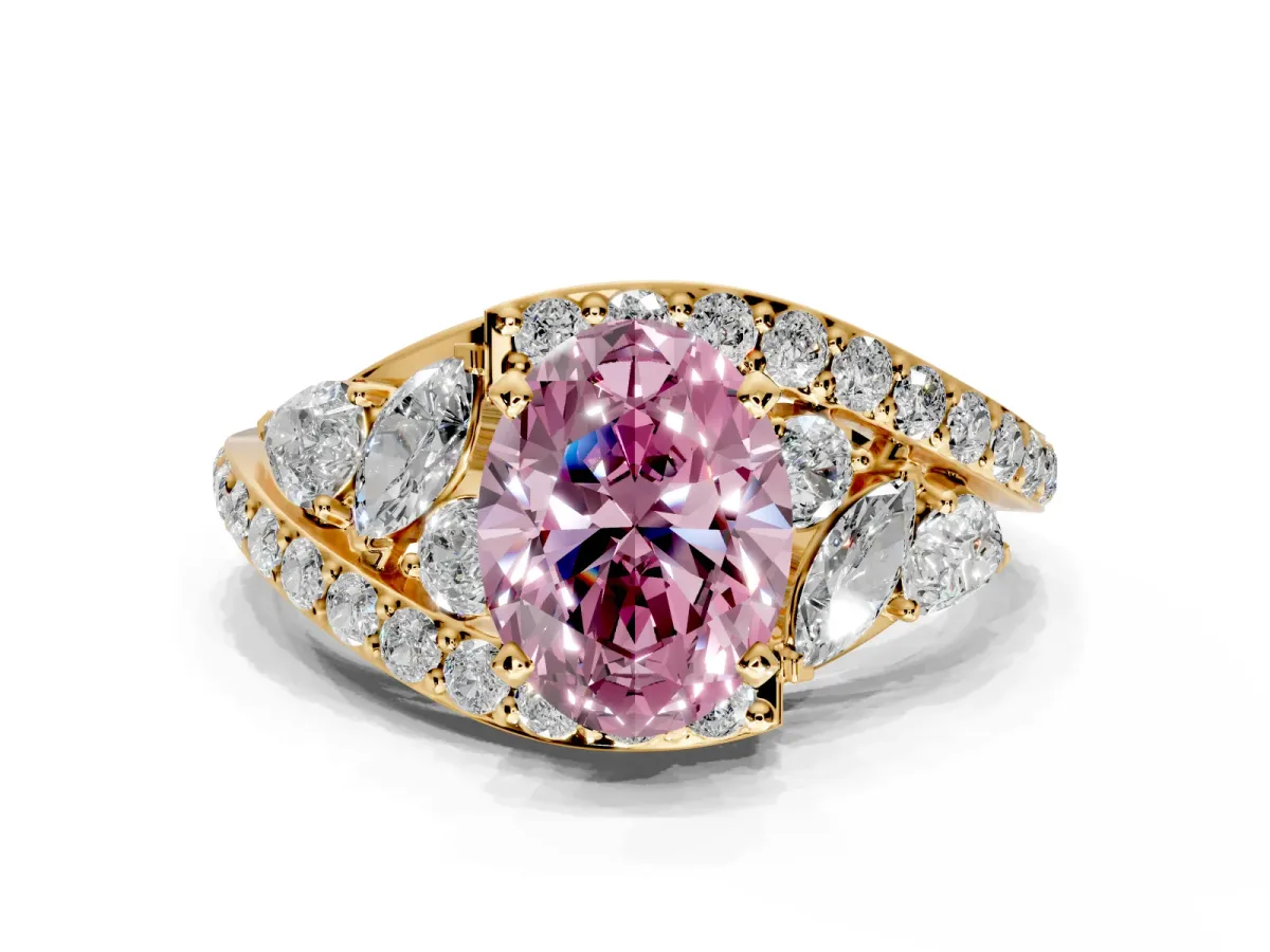 Halo Engagement Ring Setting for Fancy Pink Oval Center with Marquise and Pave Bypass Band and Prong Head in Yellow Gold