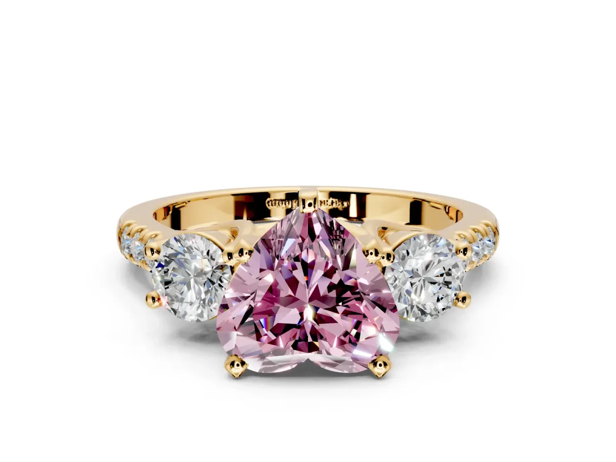 3 Stone Engagement Ring Setting for Fancy Pink Heart-Shaped Center with Crossover Basket, Pave Band and Prong Head in Yellow Gold