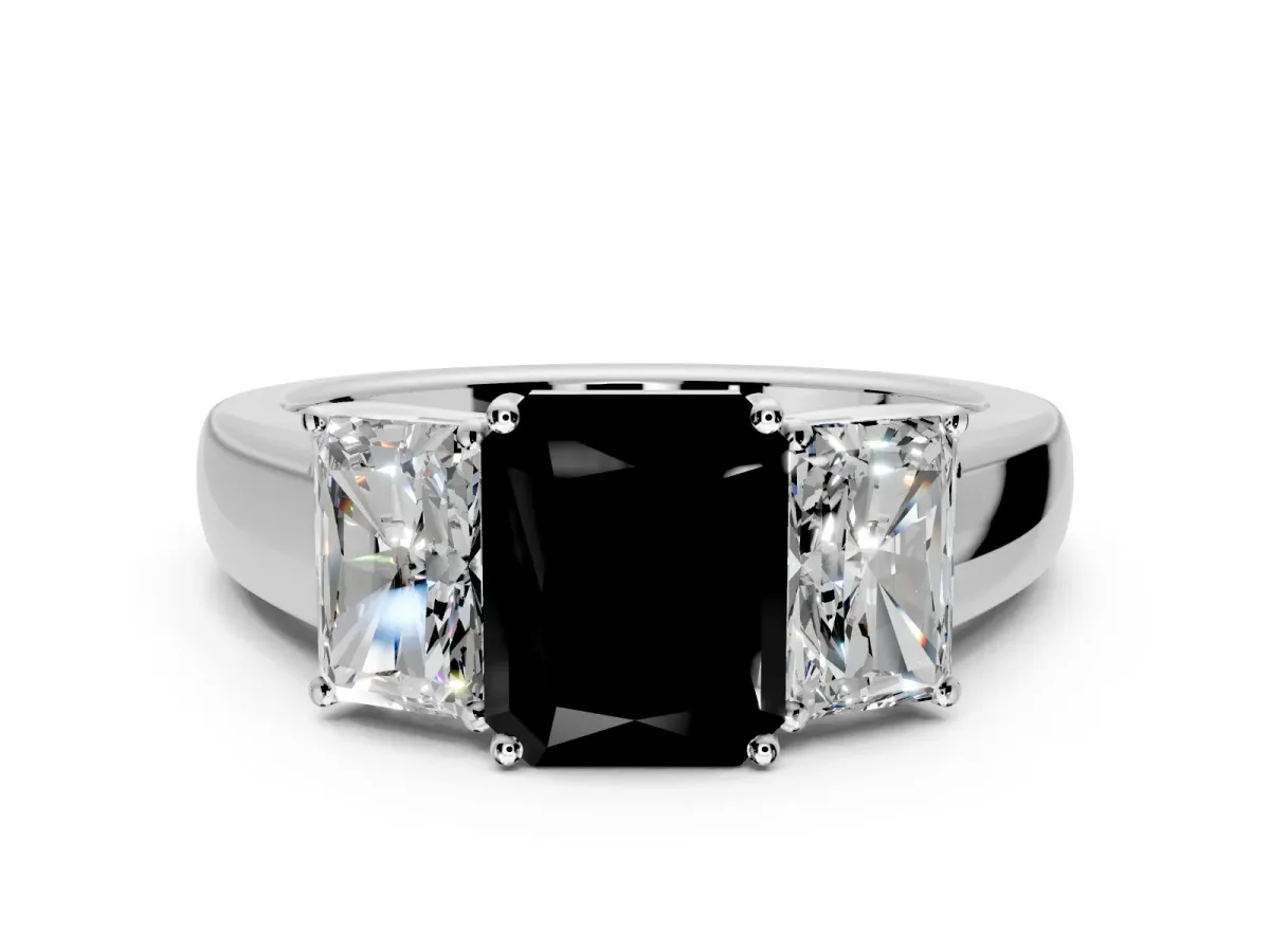 3 Stone Engagement Ring Setting for Fancy Black Radiant Cut Center with Raised Basket Heads and Prong Head in Sterling Silver
