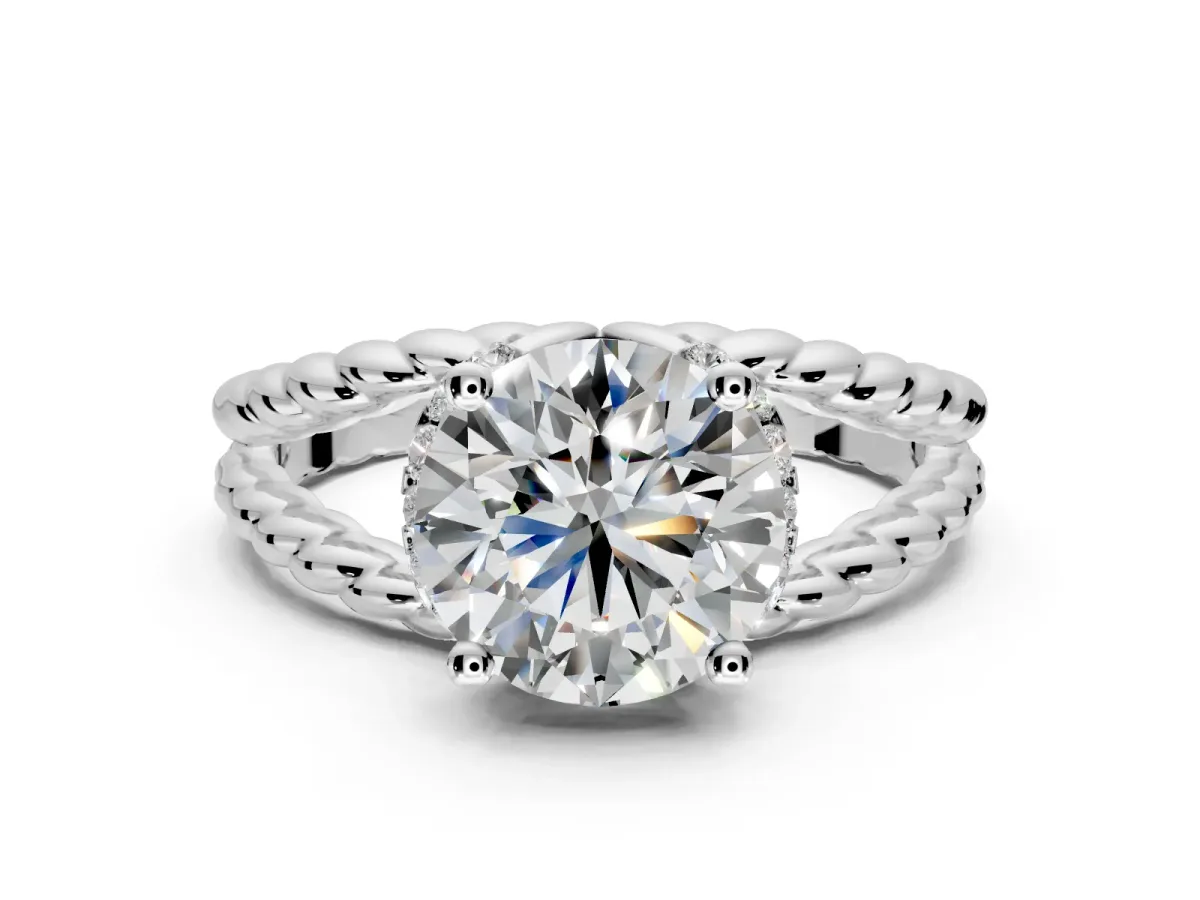 Halo Engagement Ring Setting for Round Cut Center with Rope Twist Split Shank and Prong Head in Platinum