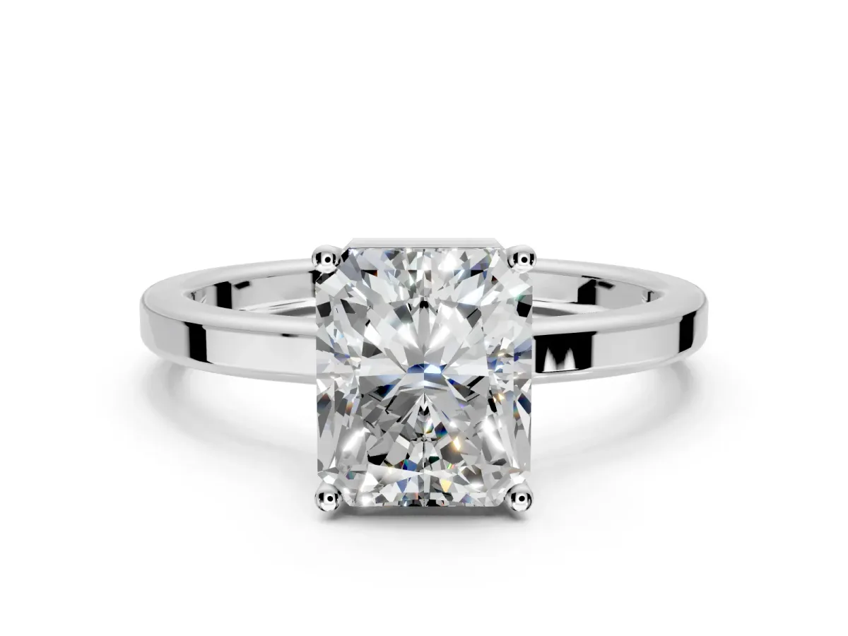 Hidden Halo Engagement Ring Setting for Radiant Cut Center with Wide Flat Plain Band and Prong Head in Sterling Silver