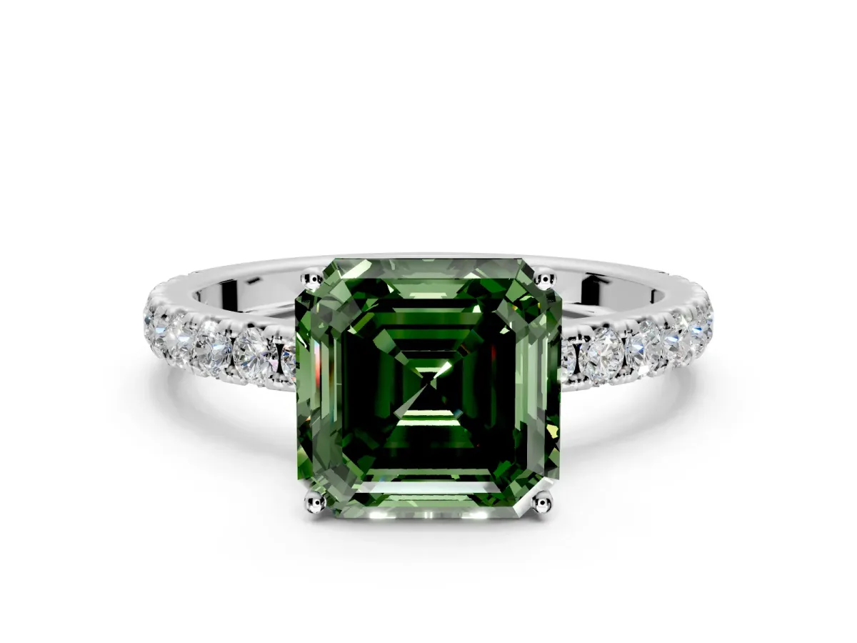 Solitaire Engagement Ring Setting for Fancy Green Asscher Cut Center with Large Accent Band and Prong Head in Sterling Silver