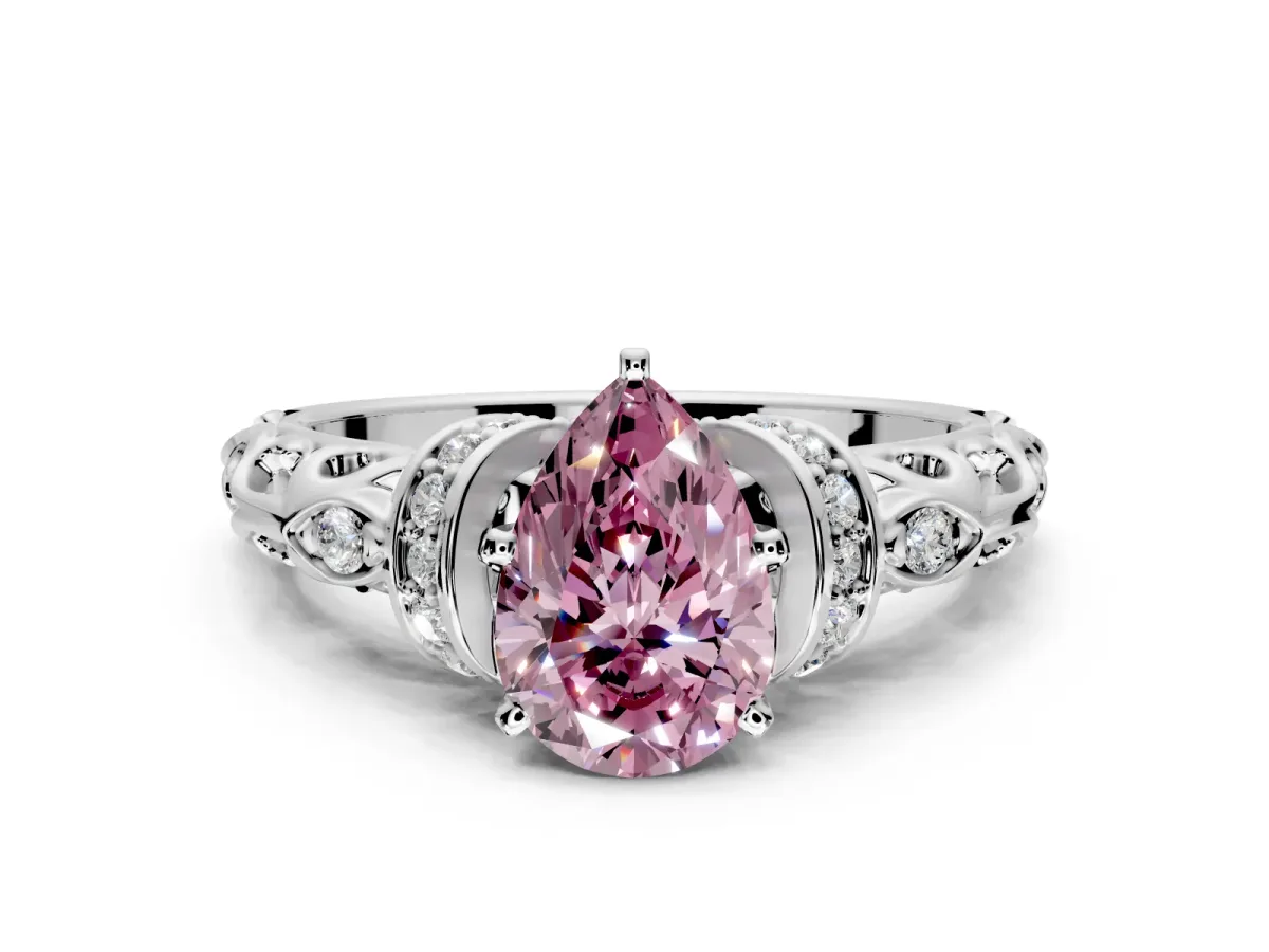 Solitaire Engagement Ring Setting for Fancy Pink Pear-Shaped Center with Filigree Band and Prong Head in Platinum
