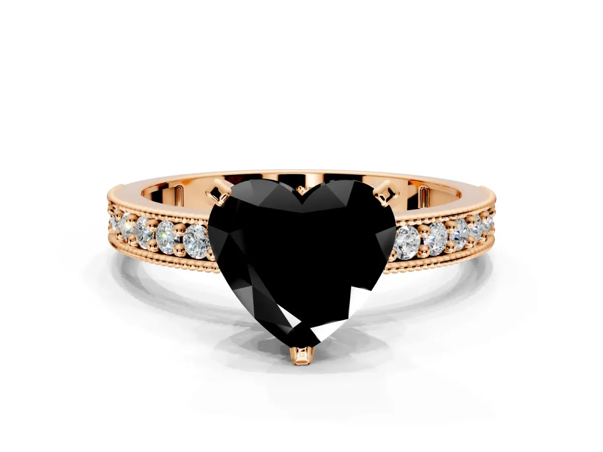 Milgrain Pave Engagement Ring Setting for Fancy Black Heart-Shaped Center with Accent Band and Prong Head in Rose Gold