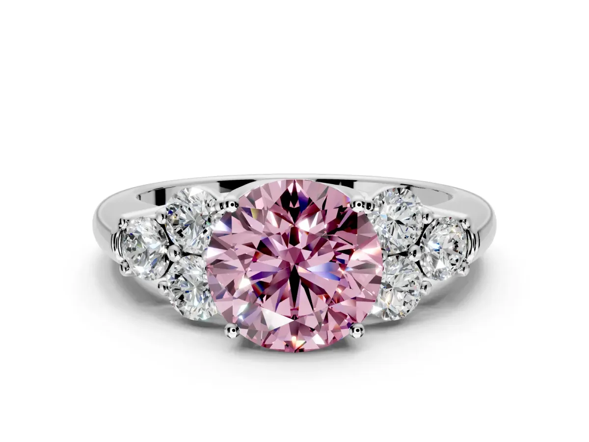 Cluster Engagement Ring Setting for Fancy Pink Round Cut Center with Round Cut Accent Frame and Prong Head in Sterling Silver