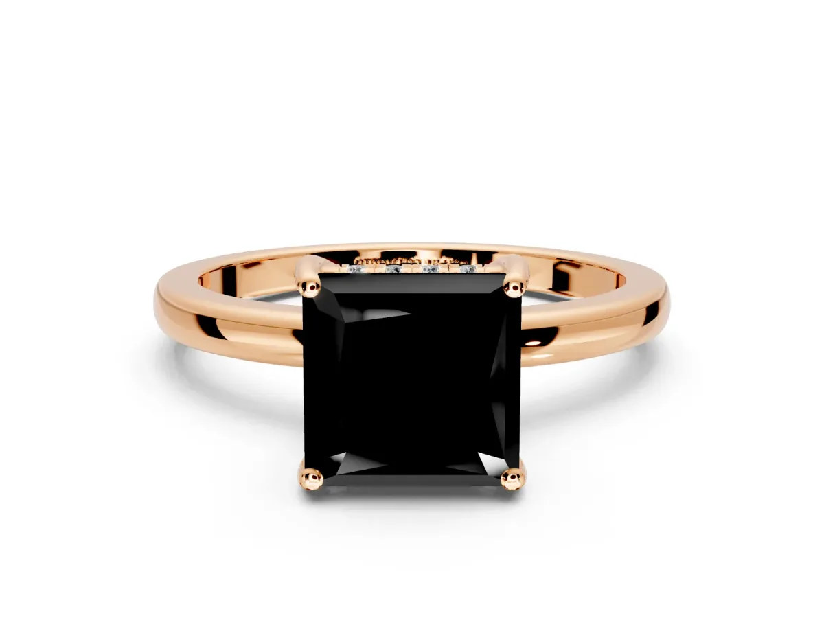 Solitaire Engagement Ring Setting for Fancy Black Princess Cut Center with Fine Wire Band and Prong Head in Rose Gold