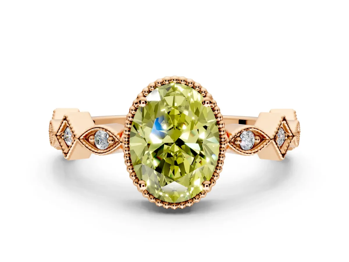 Milgrain Bezel Engagement Ring Setting for Fancy Yellow Oval Center with Marquise Stations and Bezel Head in Rose Gold