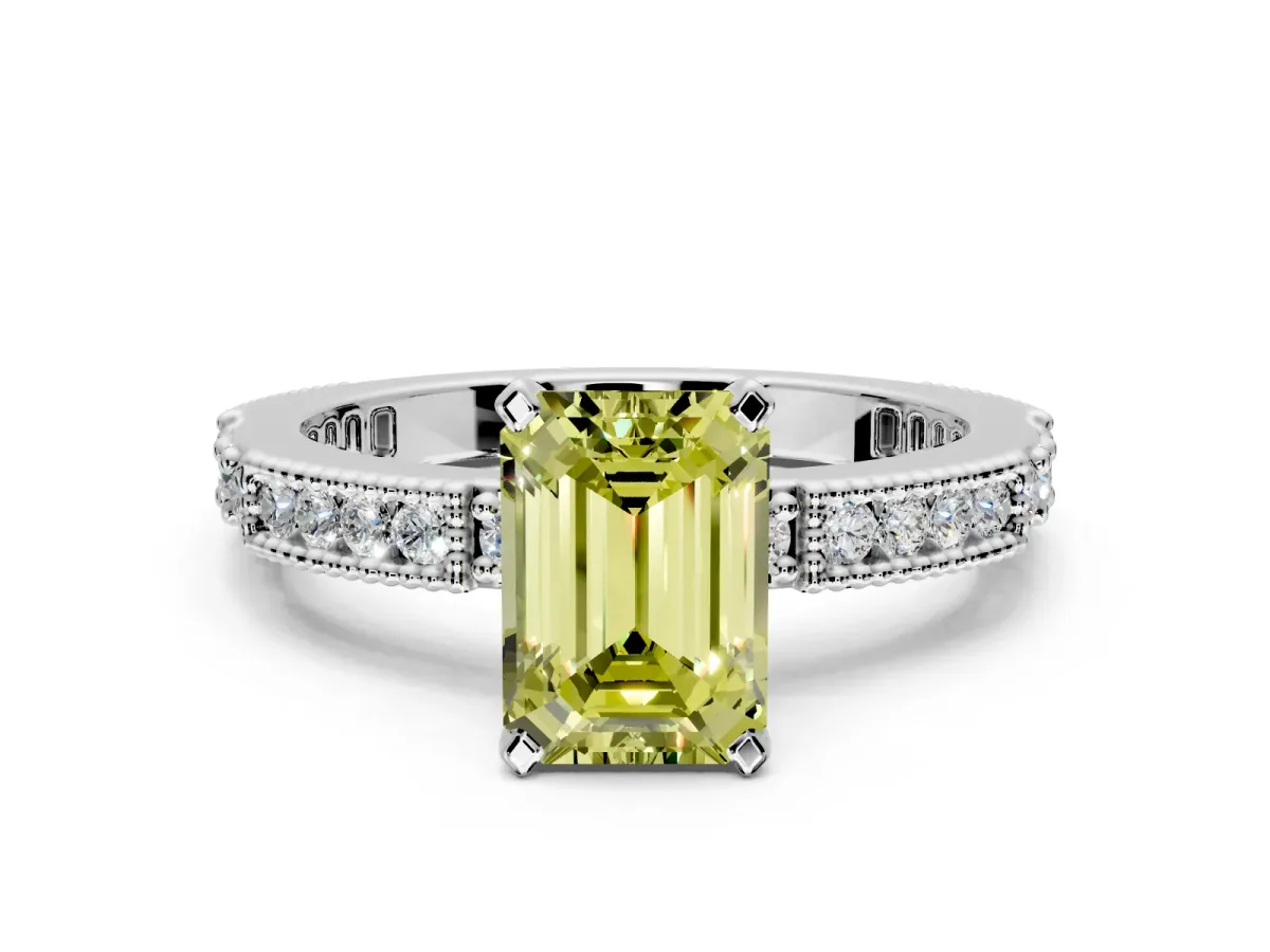 Solitaire Engagement Ring Setting for Fancy Yellow Emerald Cut Center with Milgrain-Edged Pave Band and Prong Head in Sterling Silver