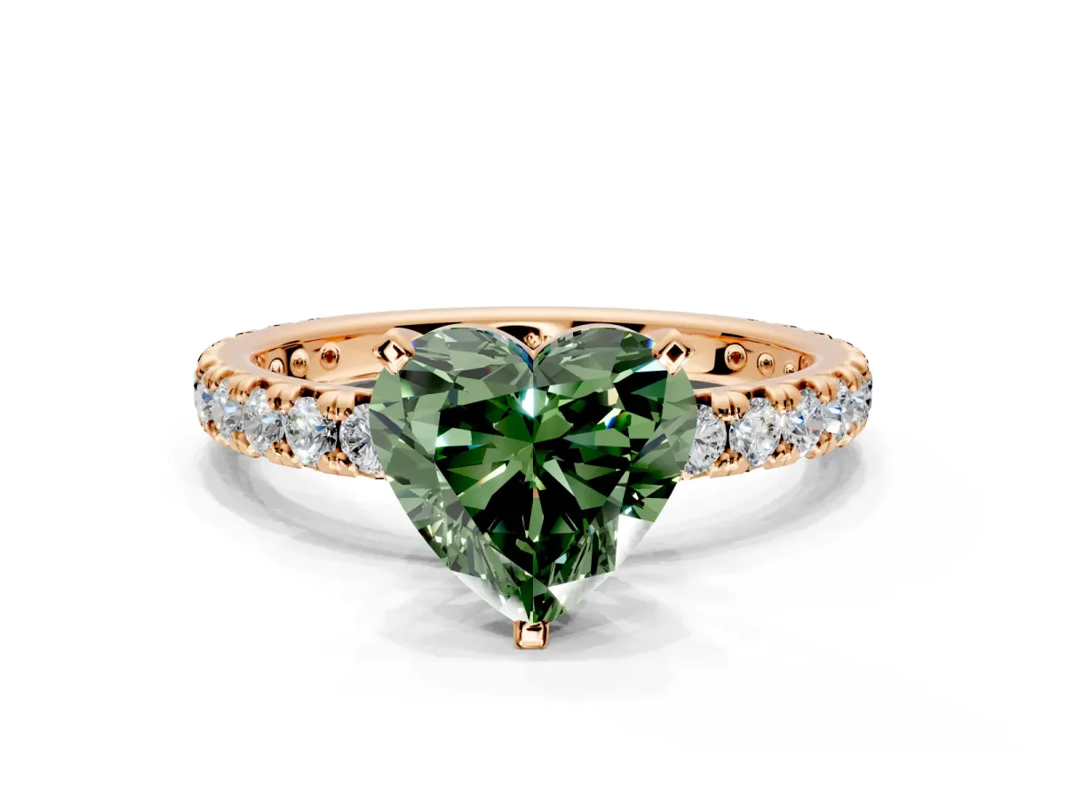 Solitaire Engagement Ring Setting for Fancy Green Heart-Shaped Center with Shared-Prong Accents and Prong Head in Rose Gold