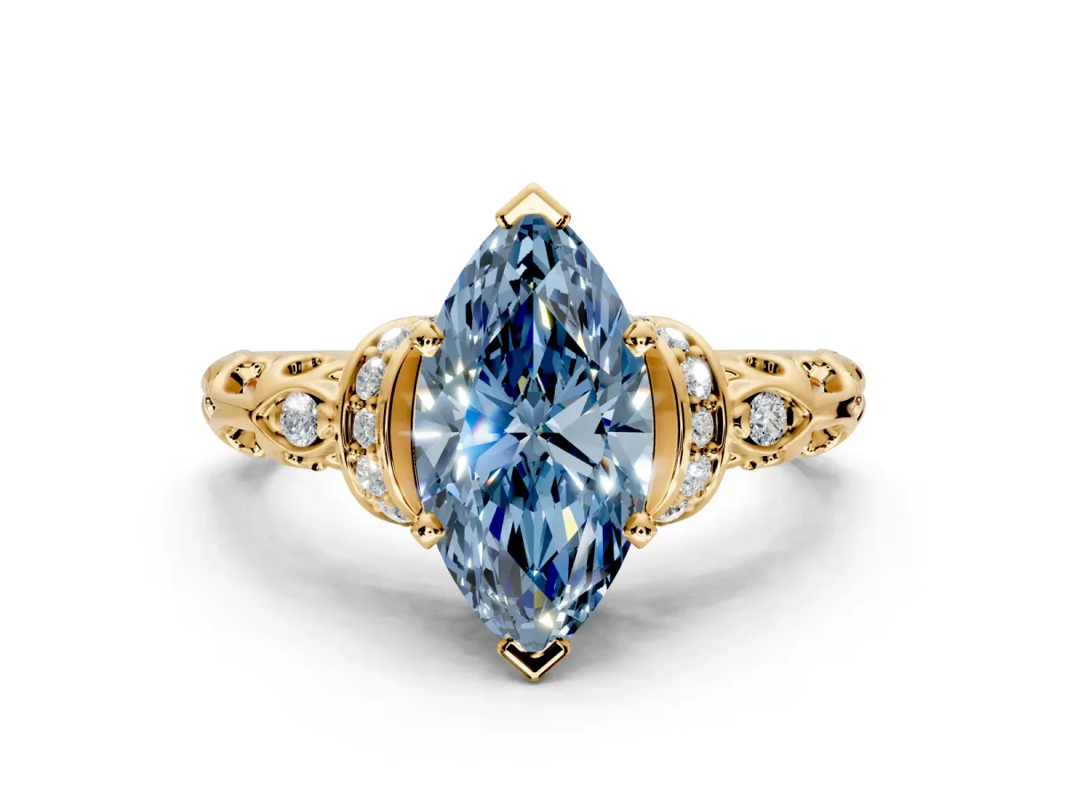 Solitaire Engagement Ring Setting for Fancy Blue Marquise Center with Filigree Band and Prong Head in Yellow Gold
