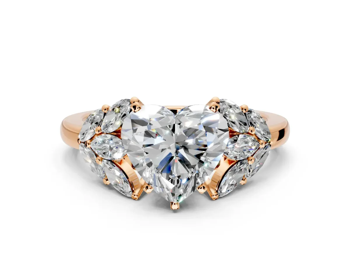 Leaf Cluster Engagement Ring Setting for Heart-Shaped Center with Marquise Accents and Prong Head in Rose Gold