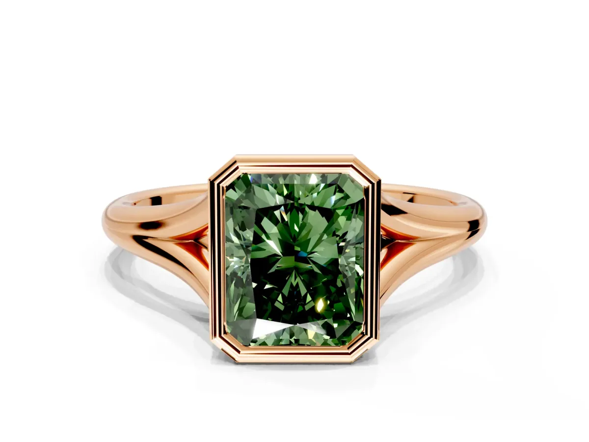 Solitaire Engagement Ring Setting for Fancy Green Radiant Cut Center with V Split Shank and Bezel Head in Rose Gold