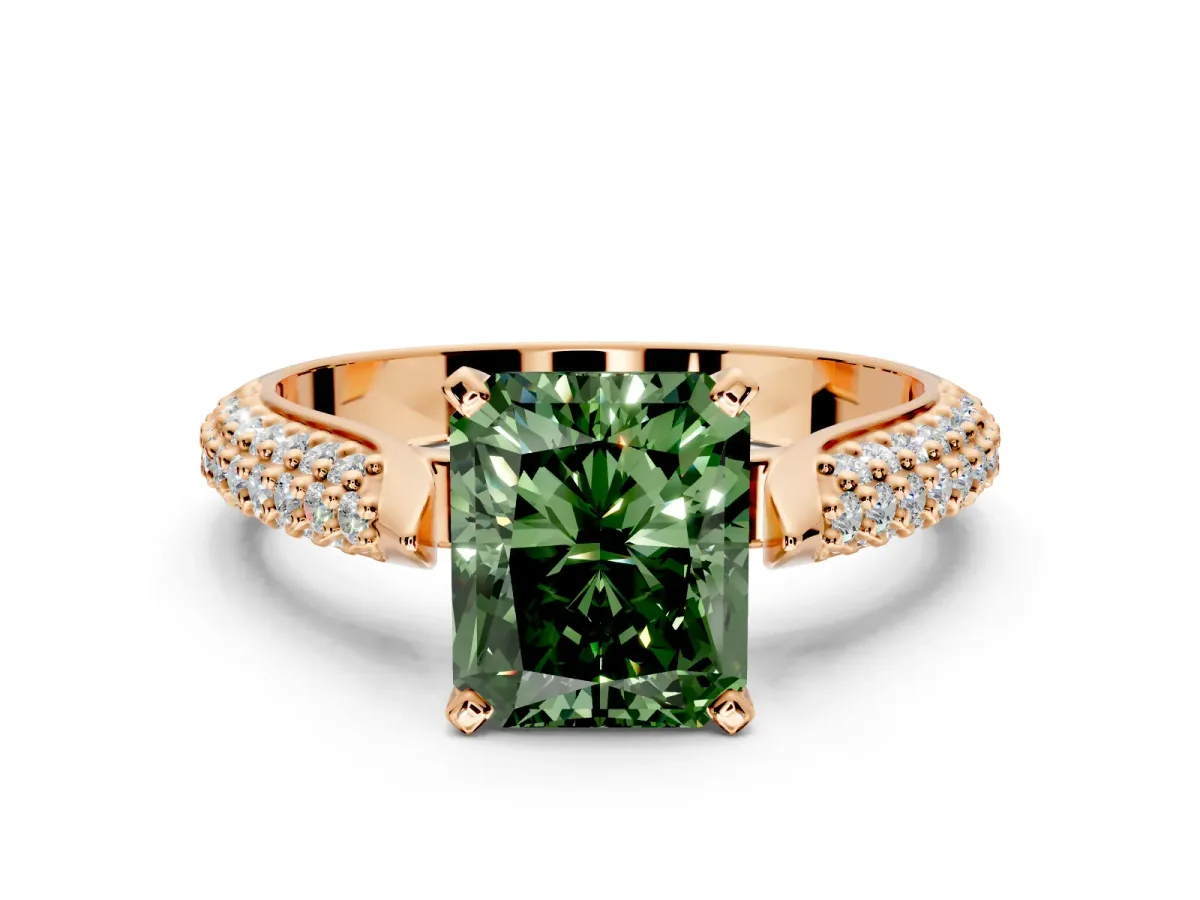 Solitaire Engagement Ring Setting for Fancy Green Radiant Cut Center with Multi-Row Accents and Prong Head in Rose Gold
