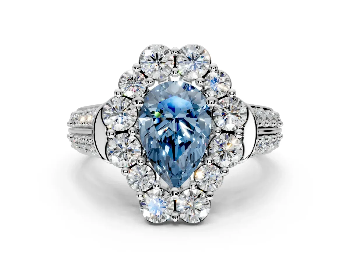 Large Accent Halo Engagement Ring Setting for Fancy Blue Pear-Shaped Center with Pave Split Shank and Prong Head in Sterling Silver