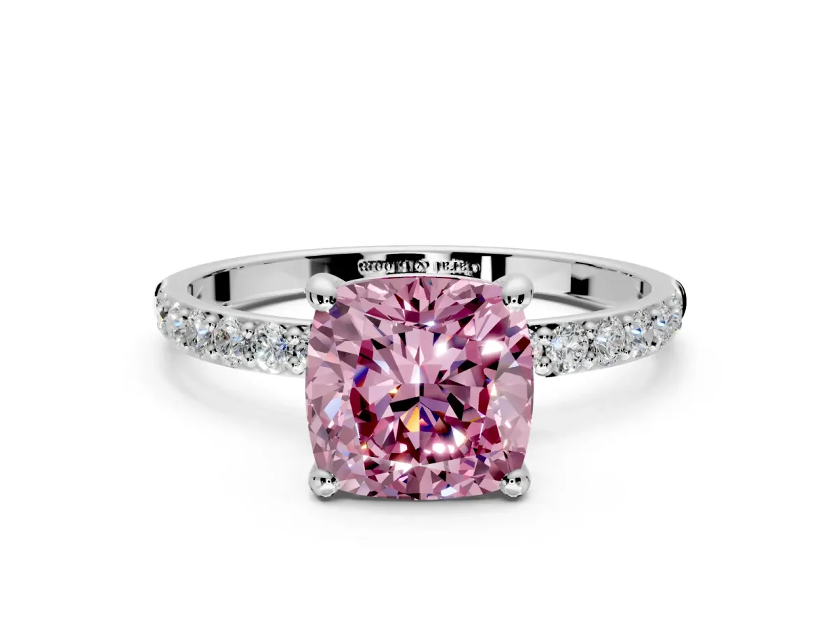 Solitaire Engagement Ring Setting for Fancy Pink Cushion Cut Center with Pave Accents and Prong Head in White Gold