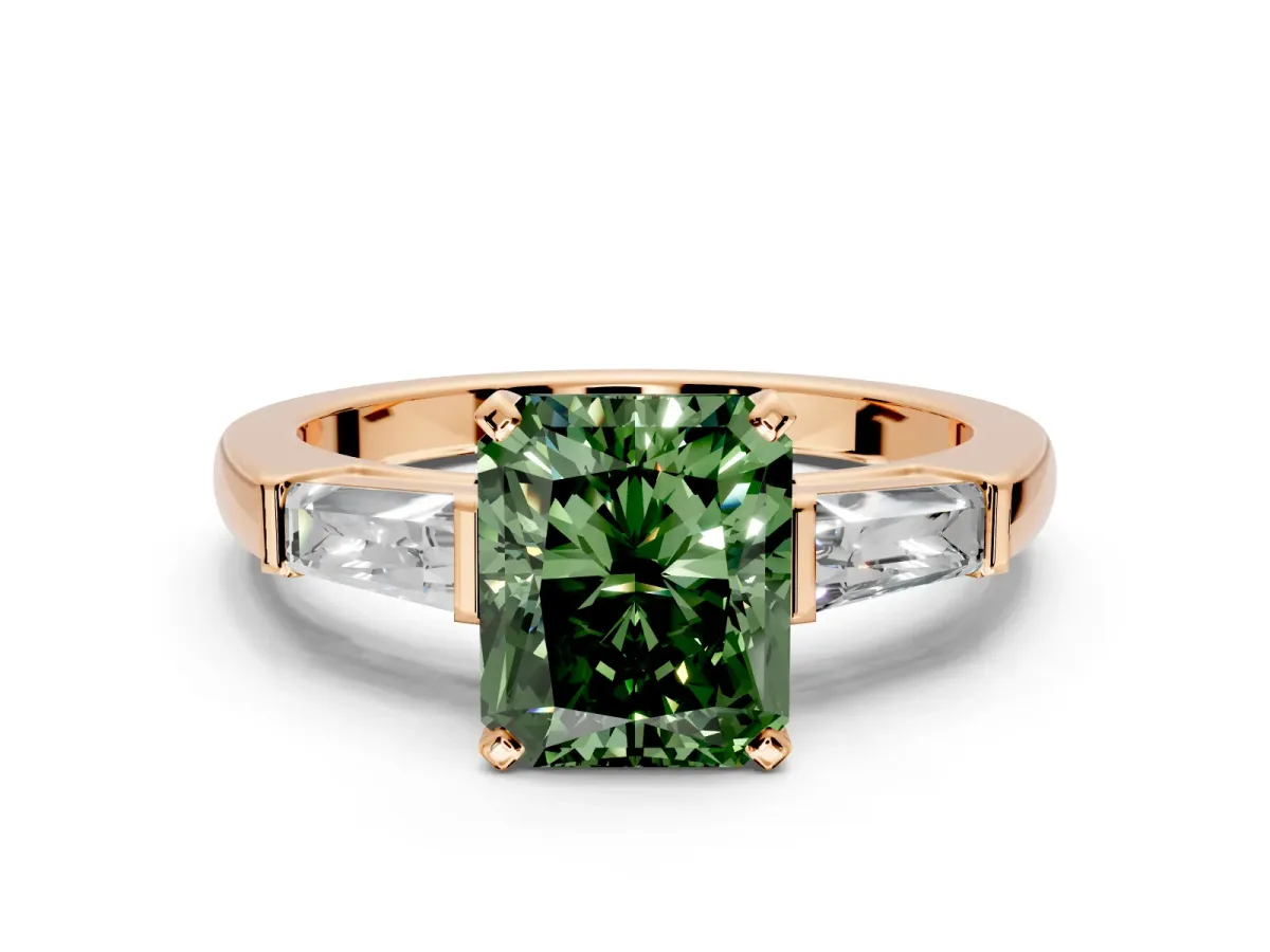 3 Stone Engagement Ring Setting for Fancy Green Radiant Cut Center with Tapered Baguettes, Plain Band and Prong Head in Rose Gold