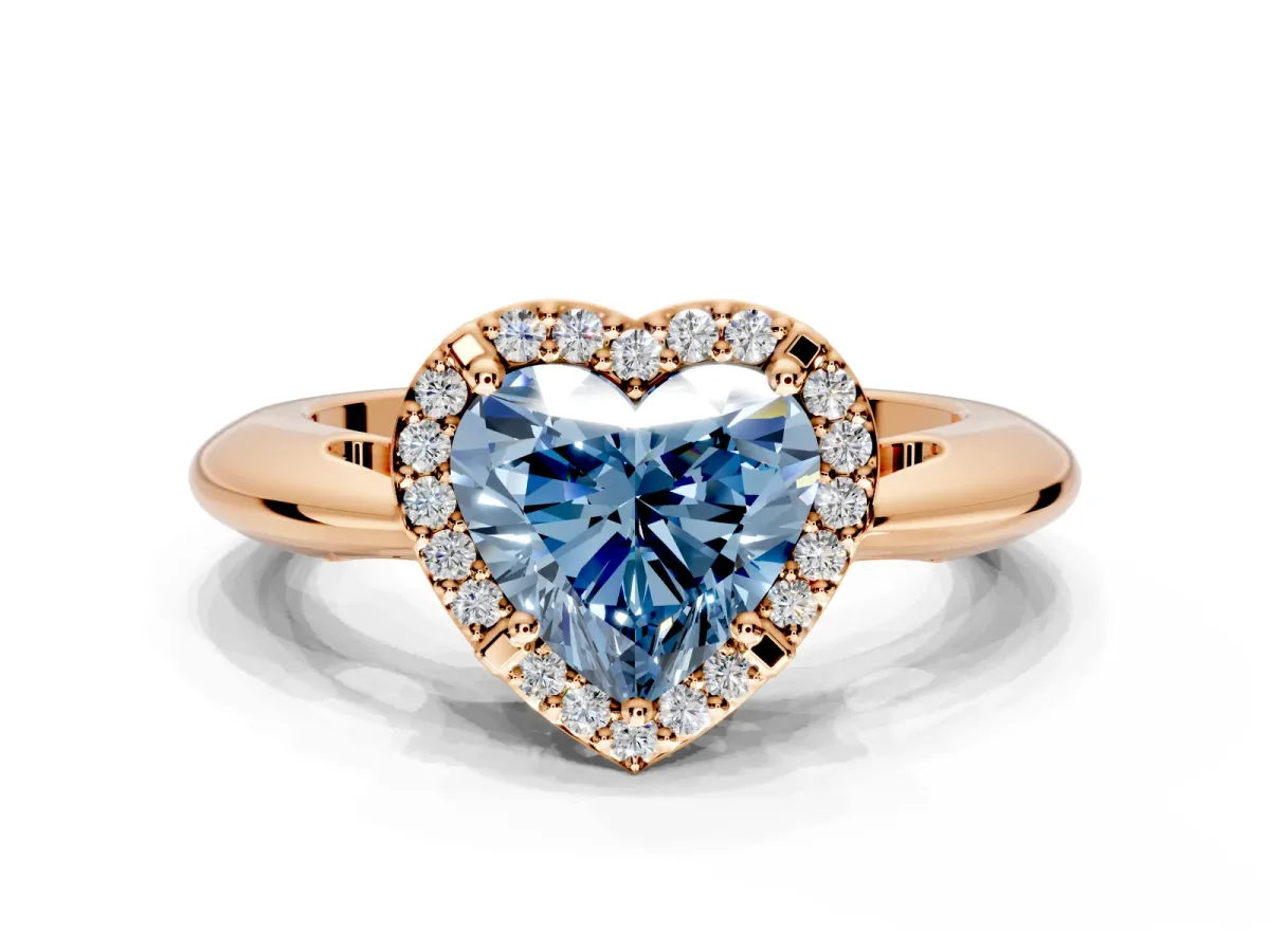 Halo Engagement Ring Setting for Fancy Blue Heart-Shaped Center with Tapered Plain Band and Prong Head in Rose Gold
