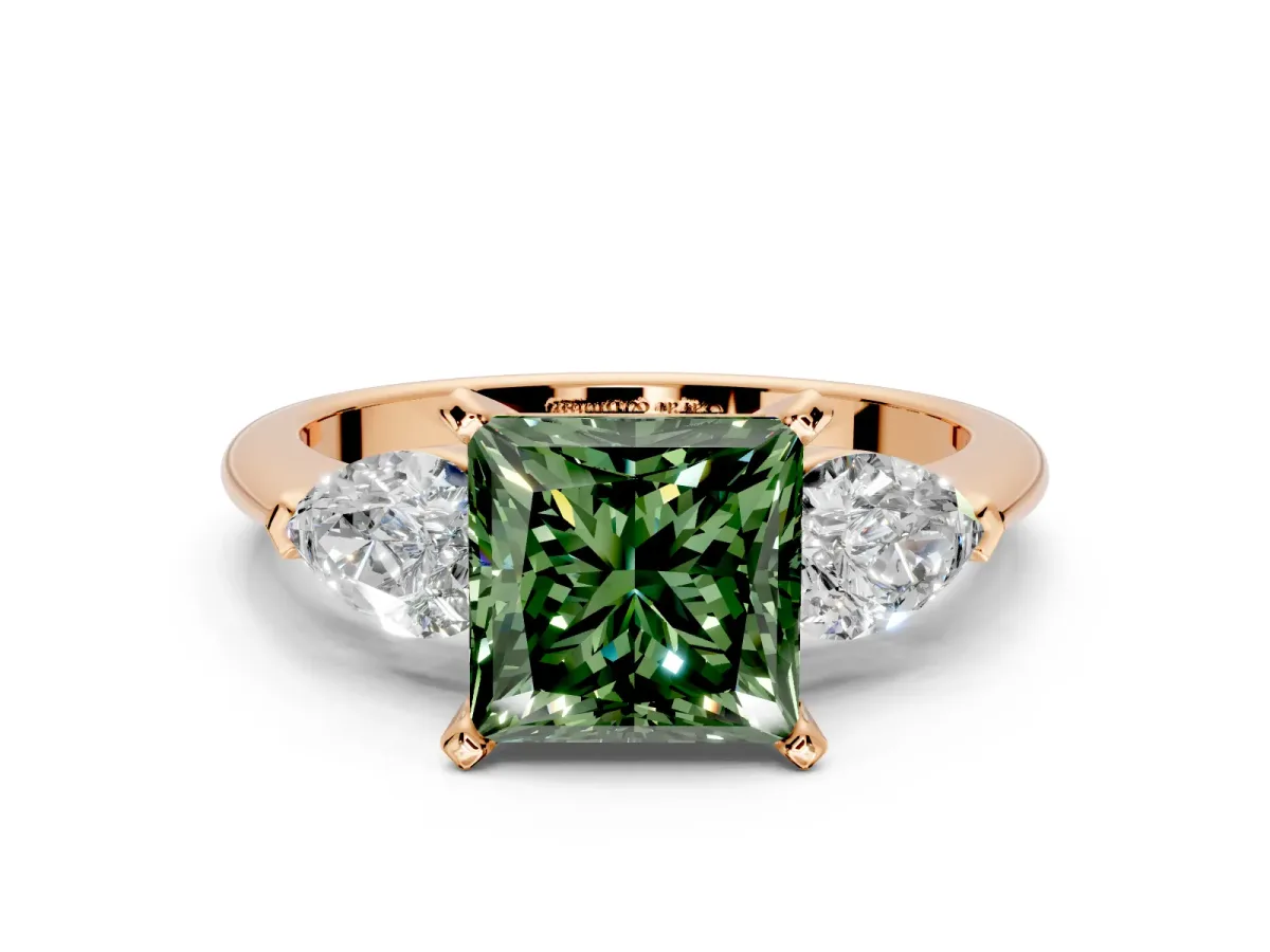 3 Stone Engagement Ring Setting for Fancy Green Princess Cut Center with Large Pear-Shaped Accents and Prong Head in Rose Gold