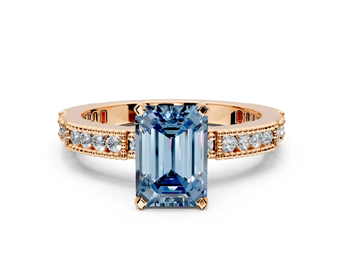 Solitaire Engagement Ring Setting for Fancy Blue Emerald Cut Center with Milgrain-Edged Pave Band and Prong Head in Rose Gold