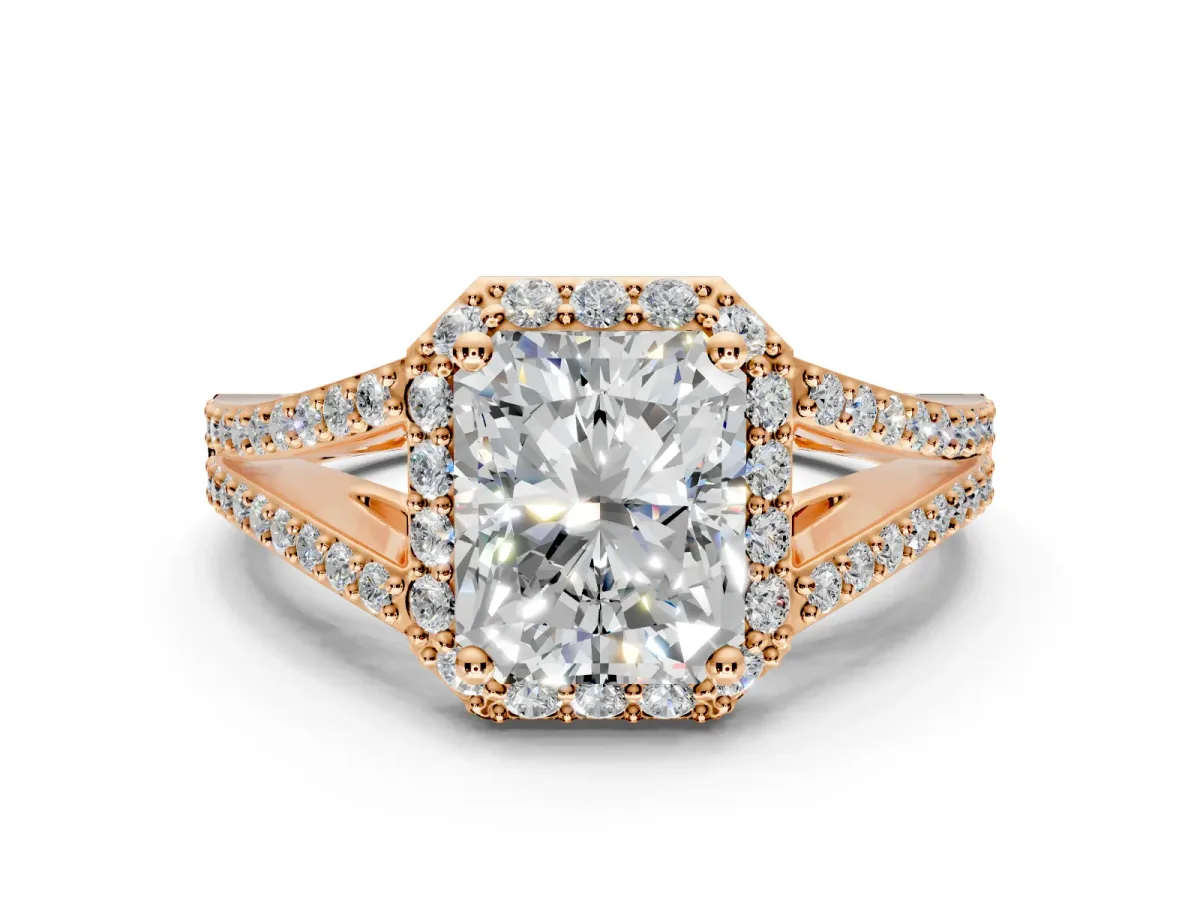 Halo Engagement Ring Setting for Radiant Cut Center with Pave Split Shank and Prong Head in Rose Gold
