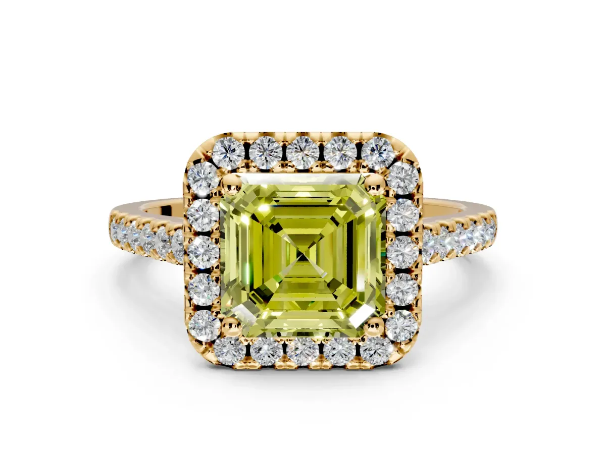 Halo Engagement Ring Setting for Fancy Yellow Asscher Cut Center with Raised Halo, Pave Band and Prong Head in Yellow Gold