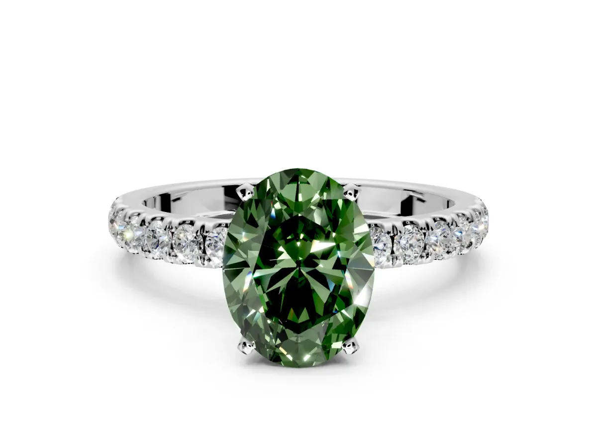 Open Basket Engagement Ring Setting for Fancy Green Oval Center with Pave Band and Prong Head in Platinum