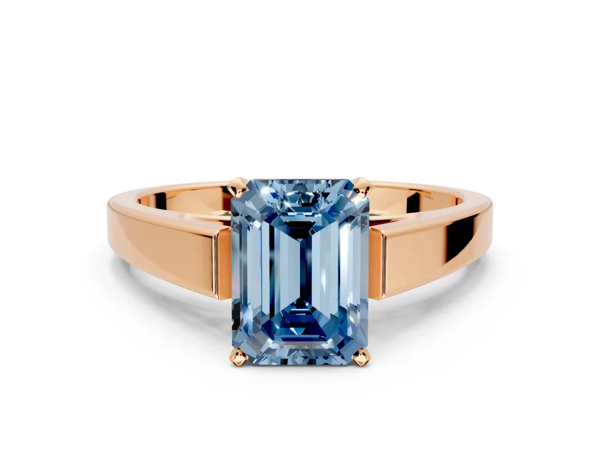 Solitaire Engagement Ring Setting for Fancy Blue Emerald Cut Center with Tapered Split Shoulders and Prong Head in Rose Gold