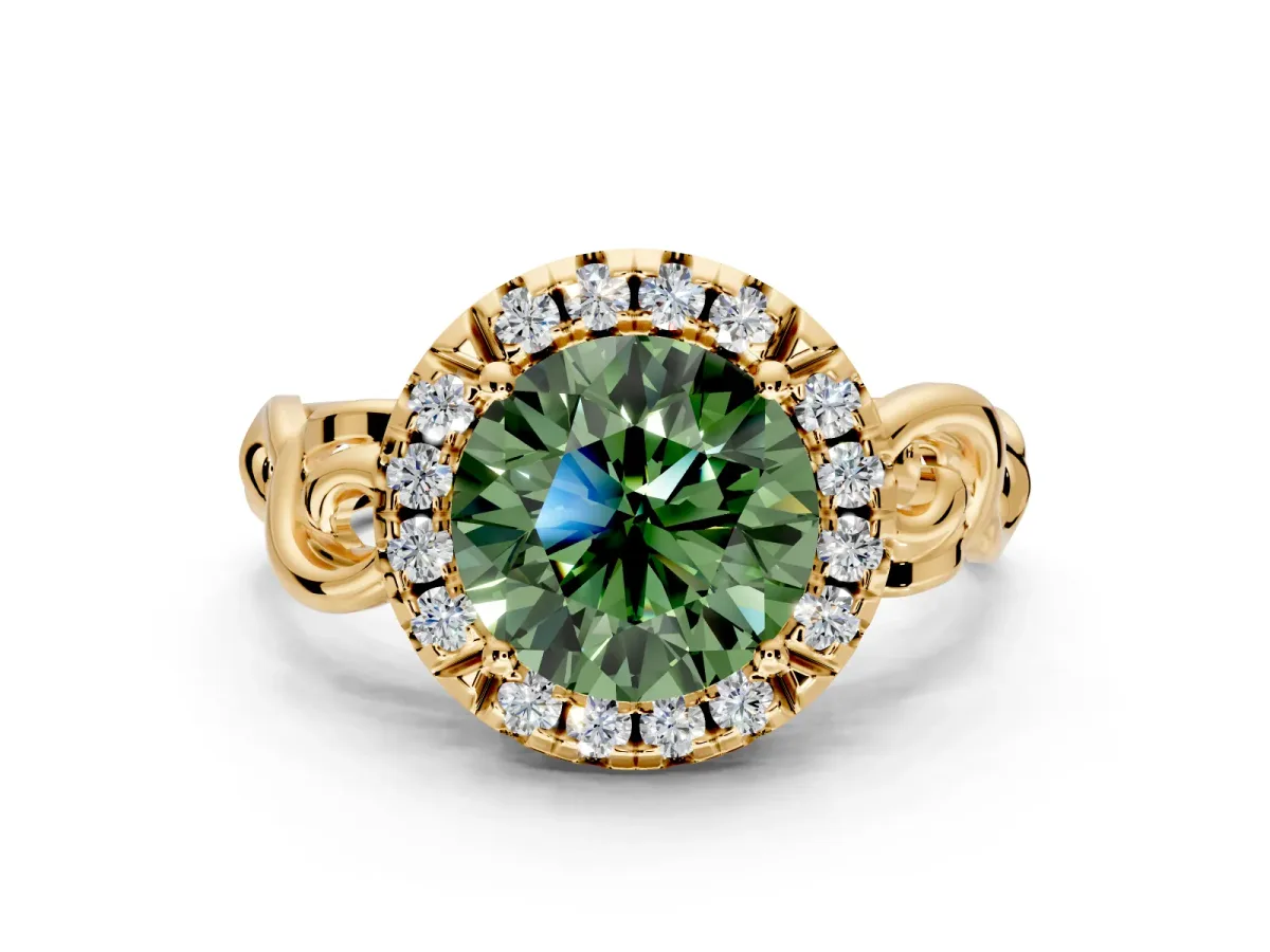 Halo Engagement Ring Setting for Fancy Green Round Cut Center with Open Scroll Shoulders and Prong Head in Yellow Gold