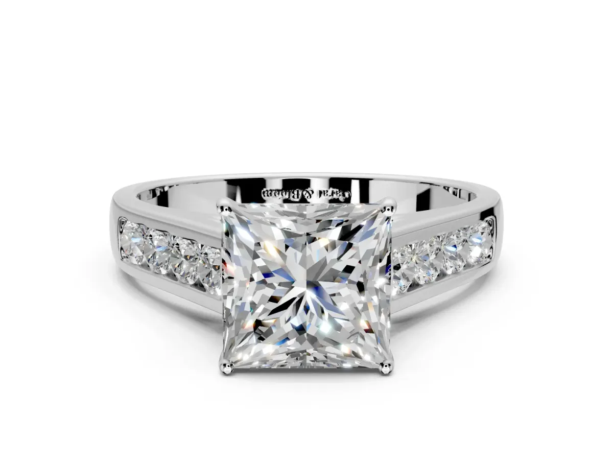 Solitaire Engagement Ring Setting for Princess Cut Center with Cathedral Channel Band and Prong Head in Platinum