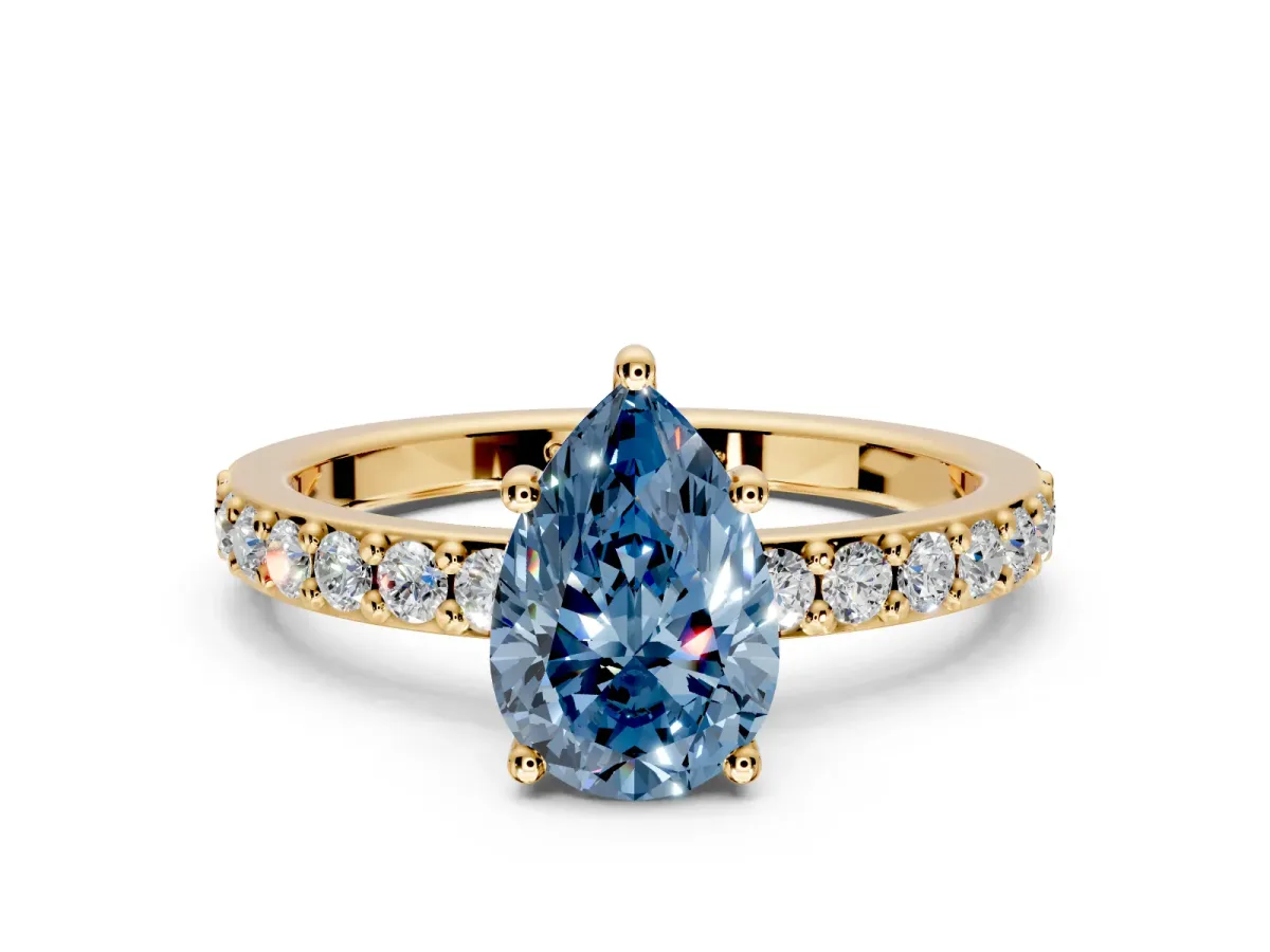 Solitaire Engagement Ring Setting for Fancy Blue Pear-Shaped Center with Round Cut Pave Band and Prong Head in Yellow Gold