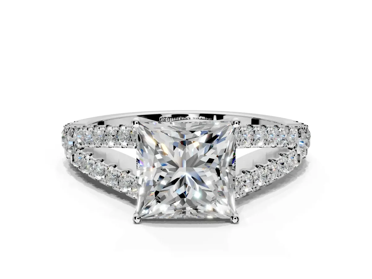 Solitaire Engagement Ring Setting for Princess Cut Center with Pave Split Shank and Prong Head in White Gold